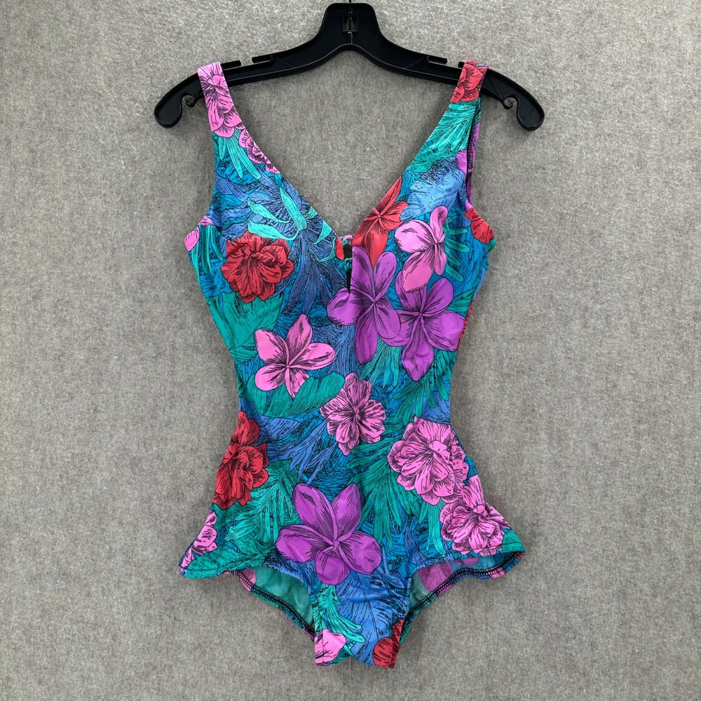 VTG Maxine of Hollywood One Piece Swimsuit 12 Floral Pinup V-Neck